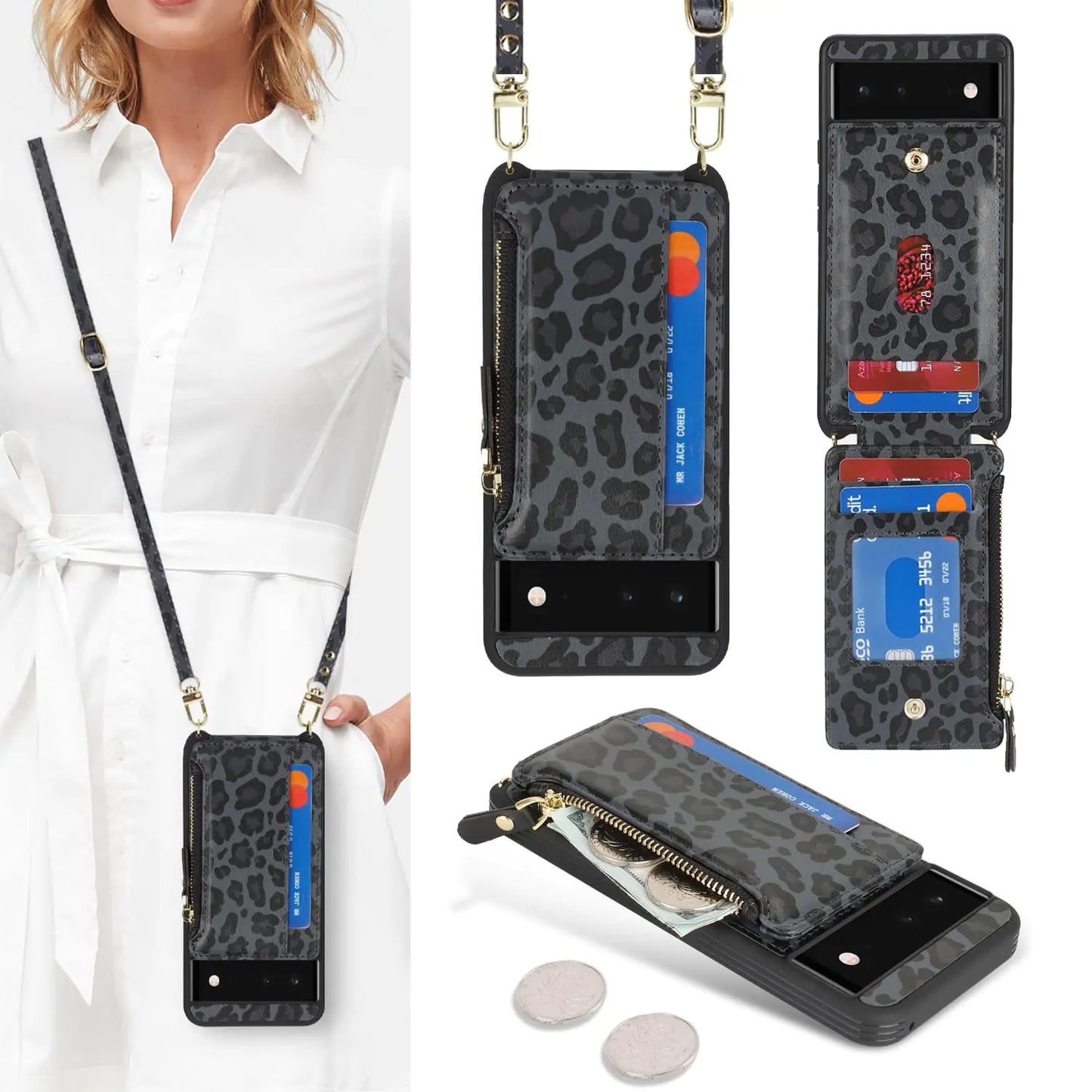 Cavor for Google Pixel 8 Case Wallet,Phone Case for Pixel 8 Crossbody Case with Strap,Pixel 8 Wallet Case for Women,Leather Zipper Pocket Card Holder Case-Cream